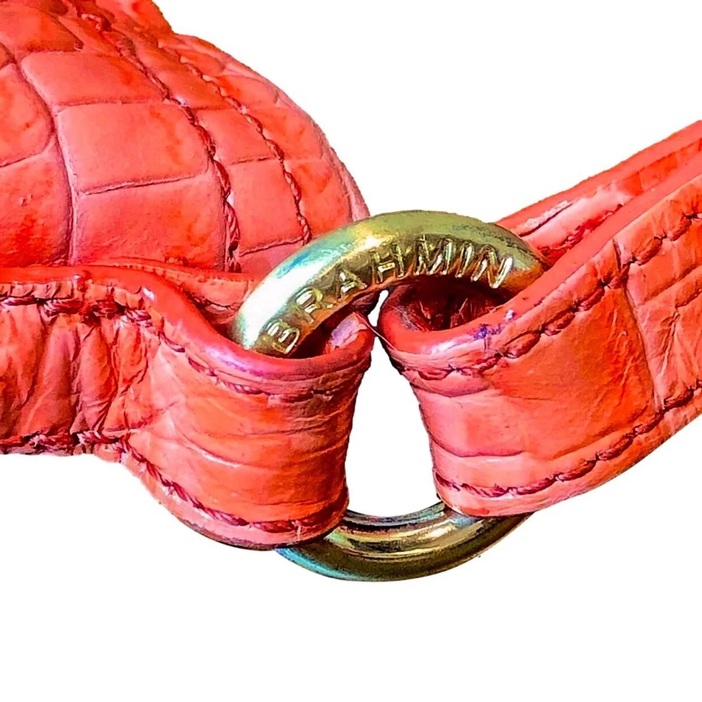 BRAHMIN Croc Embossed Leather Rolled Top Handle Tangerine Satchel Shoulder Bag